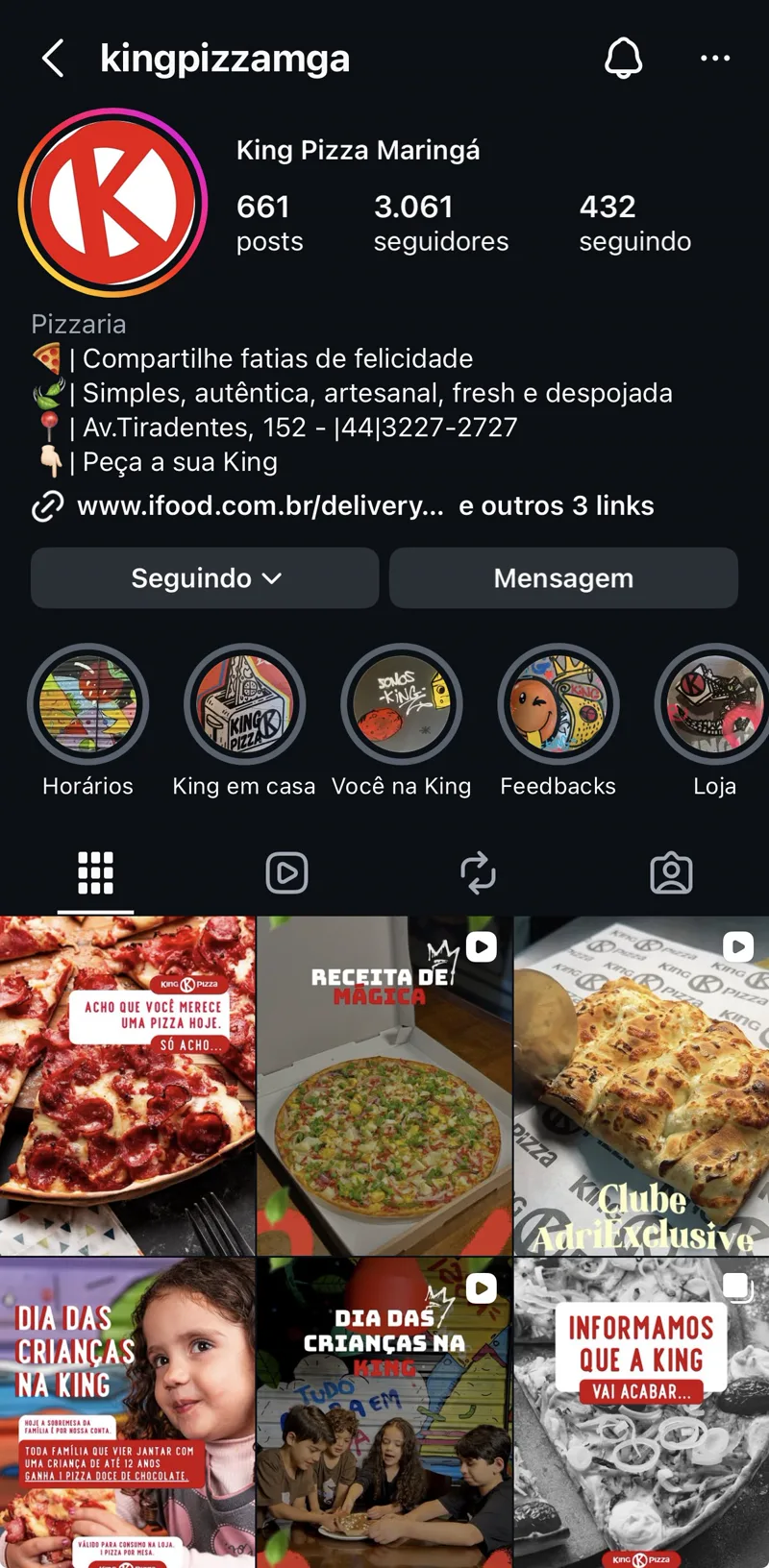 Perfil de King Pizza no Instagram