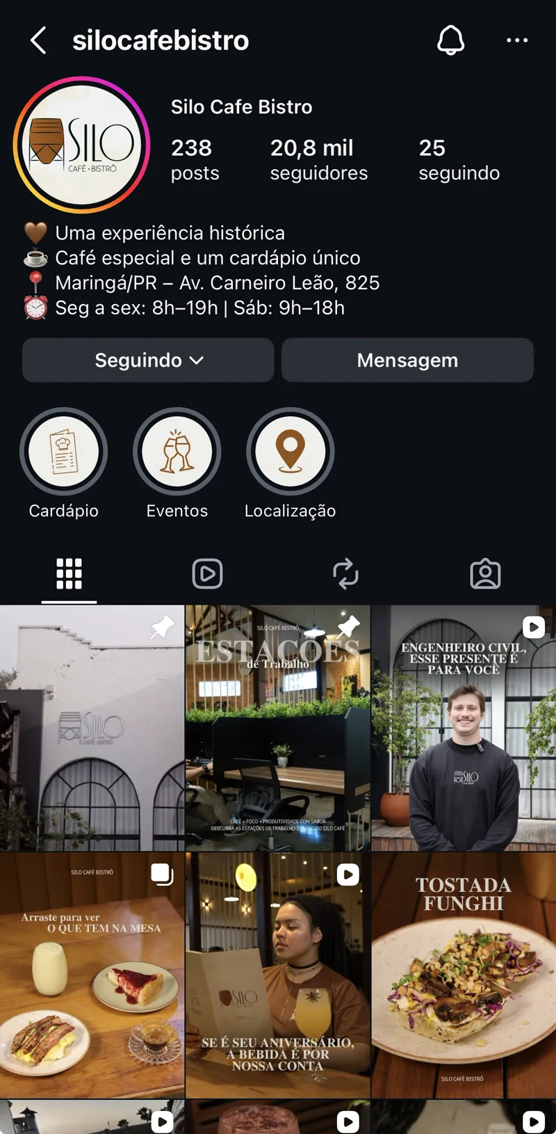 Perfil de Silo Café Bistrô no Instagram
